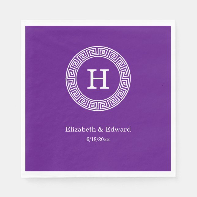 Purple Wht Greek Key Rnd Frame Initial Monogram Napkins (Front)