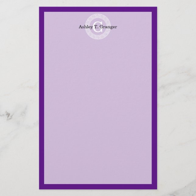 Purple Wht Greek Key Rnd Frame Initial Monogram Stationery (Front)