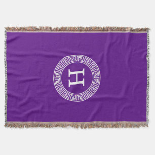 Purple Wht Greek Key Rnd Frame Initial Monogram Throw Blanket