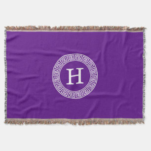 Purple Wht Greek Key Rnd Frame Initial Monogram Throw Blanket
