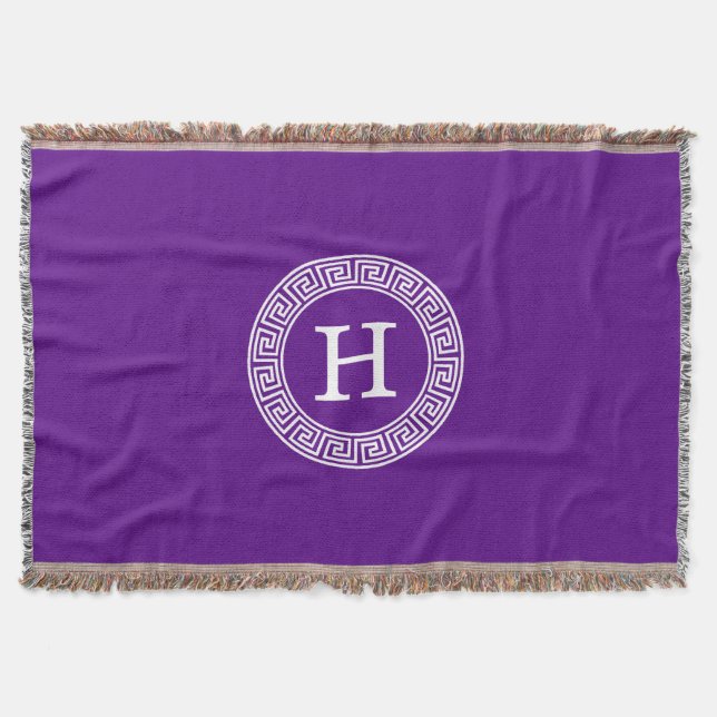 Purple Wht Greek Key Rnd Frame Initial Monogram Throw Blanket (Front)