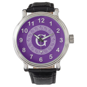 Purple Wht Greek Key Rnd Frame Initial Monogram Watch