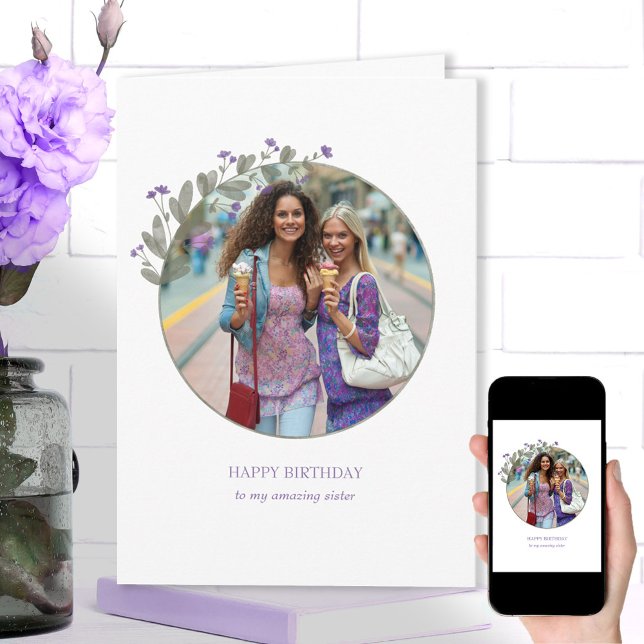 Purple Widlflower Photo Frame Happy Birthday Card (Creator Uploaded)