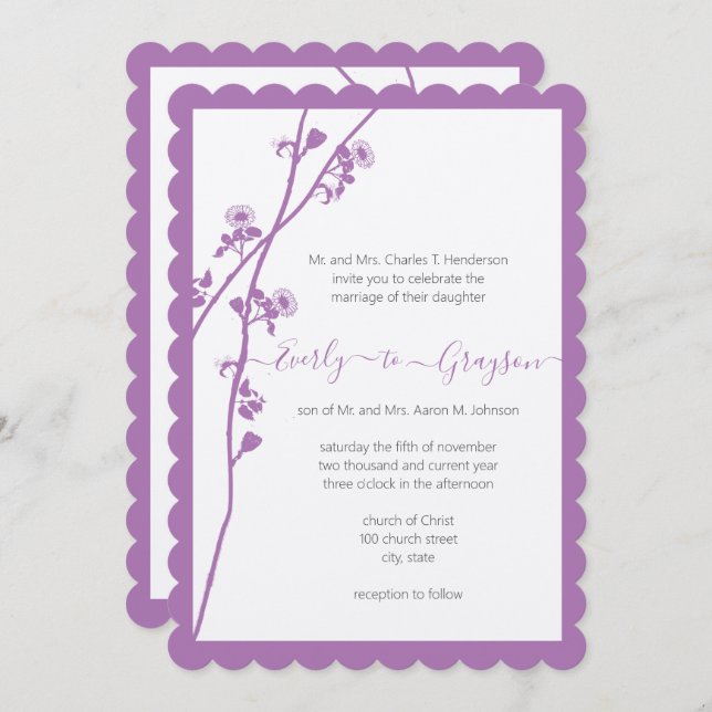 Purple Wild Flower Branch Wedding  Invitation (Front/Back)