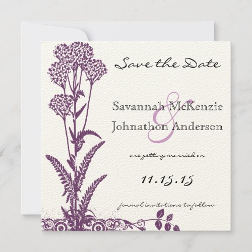 Purple Wild Flower Branch Wedding Save the Date Invitation