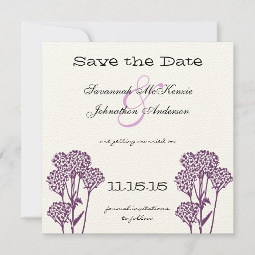 Purple Wild Flower Branch Wedding Save the Date Invitation