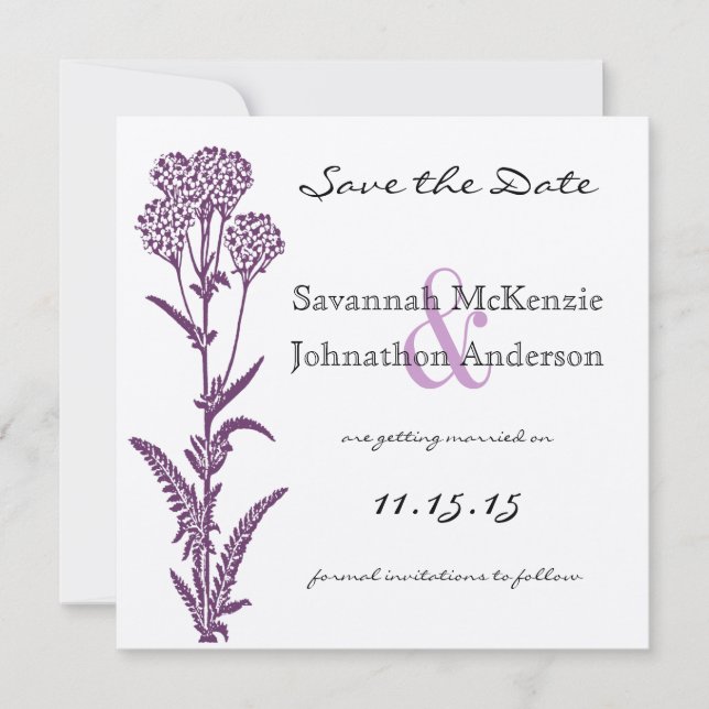 Purple Wild Flower Branch Wedding Save the Date Invitation (Front)
