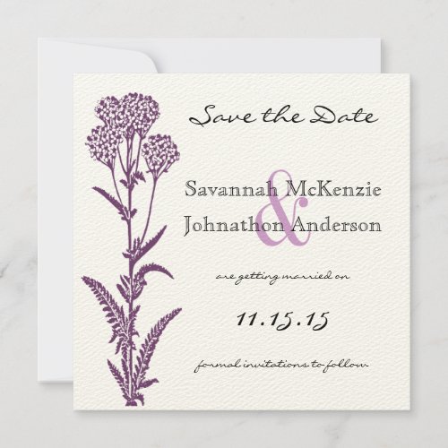 Purple Wild Flower Branch Wedding Save the Date Invitation