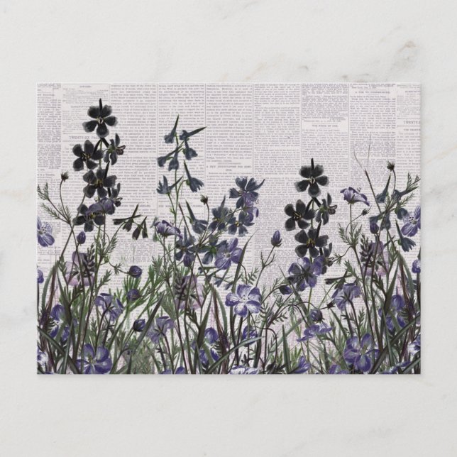 Purple Wild flowers on Vintage Newspaper Postcard (Front)