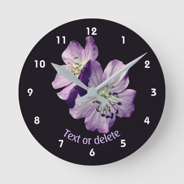 Purple Wild Geranium Flowers Personalized Round Clock (Front)