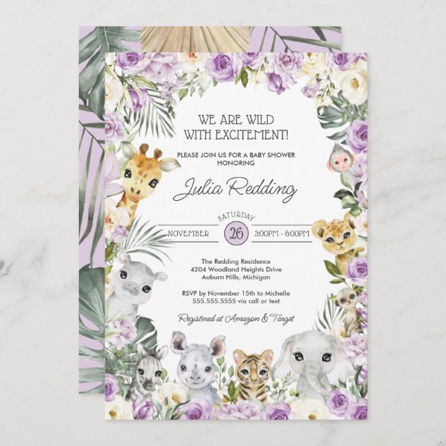 Purple Wild Jungle Safari Animals Baby Shower Invitation (Front/Back)