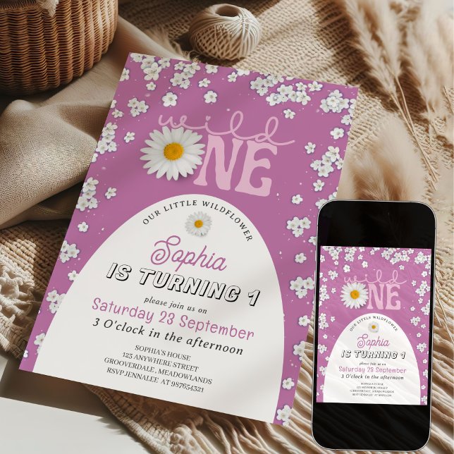 Purple Wild One Daisy 1st Birthday Invitation (Creator Uploaded)