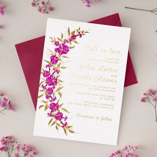 Purple Wild Trumpet Vine Flower Garden Wedding Foil Invitation (Creator Uploaded)