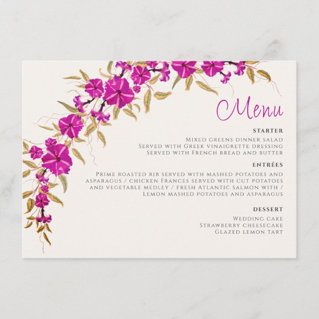 Purple Wild Trumpet Vine Flower Garden Wedding Menu (Front)