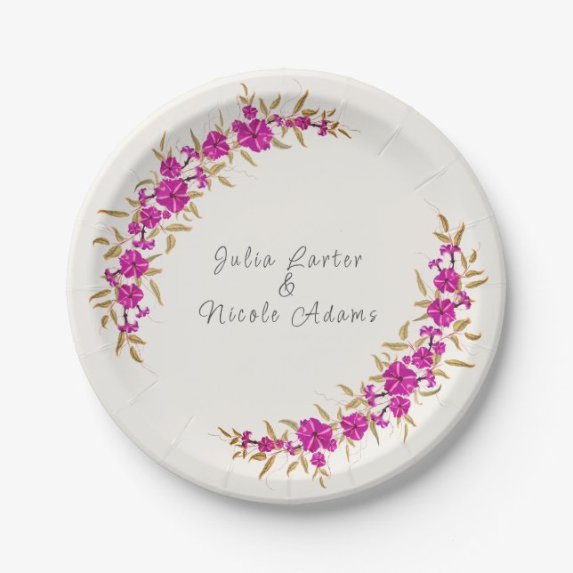 Purple Wild Trumpet Vine Flower Garden Wedding Paper Plates (Front)