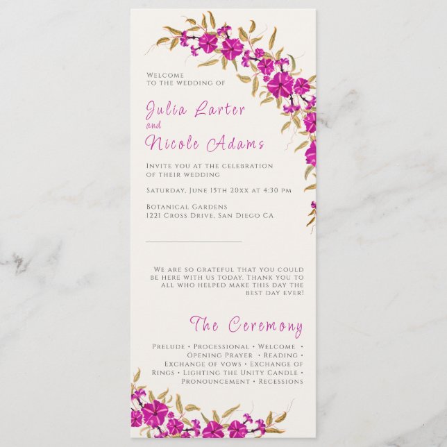 Purple Wild Trumpet Vine Flower Garden Wedding Program (Front)
