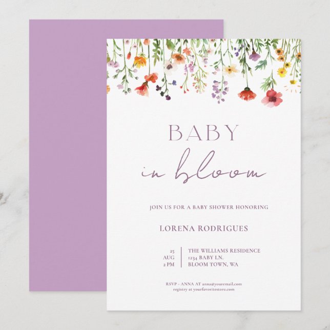 Purple Wildflower Baby in Bloom Shower Invitation (Front/Back)