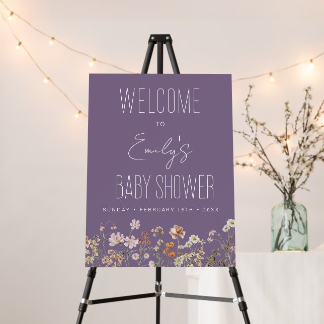 Purple Wildflower Baby Shower Welcome Sign (In Situ (Stand))