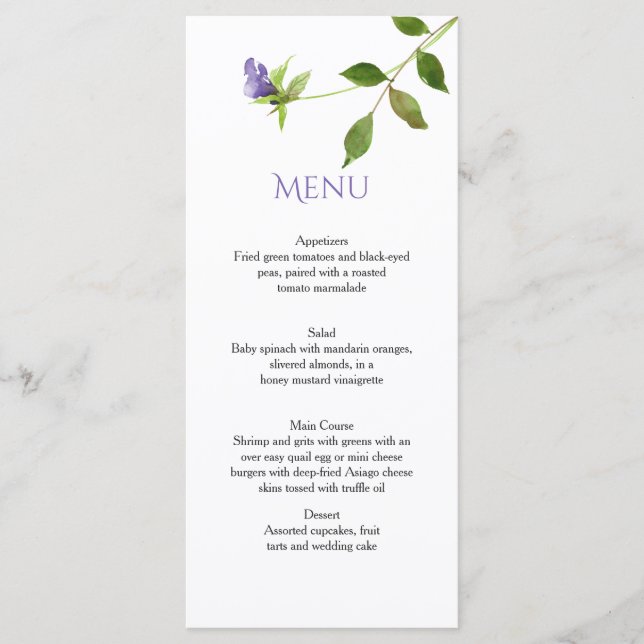 Purple Wildflower Blossoms Green Leaves Menu Cards (Front)