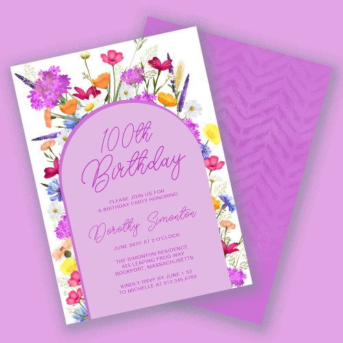 Purple Wildflower Boho Arch 100th Birthday Party Invitation