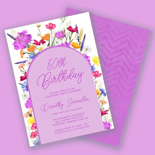 Purple Wildflower Boho Arch 50th Birthday Party Invitation