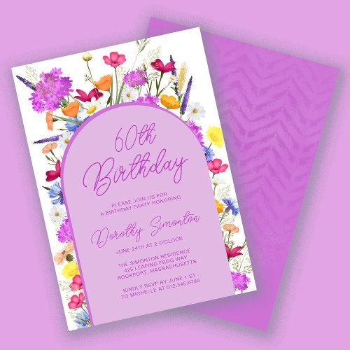 Purple Wildflower Boho Arch 60th Birthday Party Invitation