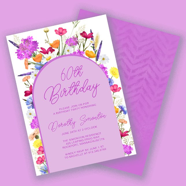 Purple Wildflower Boho Arch 60th Birthday Party Invitation (Creator Uploaded)