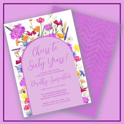 Purple Wildflower Boho Arch 60th Birthday Party Invitation