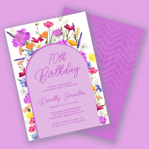 Purple Wildflower Boho Arch 70th Birthday Party In Invitation