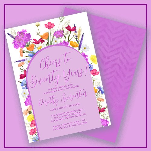 Purple Wildflower Boho Arch 70th Birthday Party Invitation