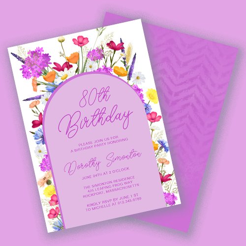 Purple Wildflower Boho Arch 80th Birthday Party Invitation
