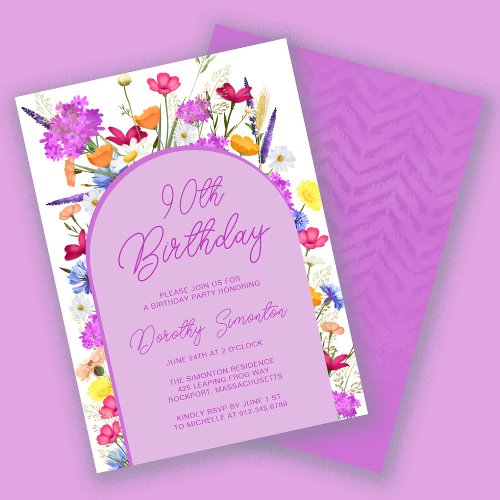 Purple Wildflower Boho Arch 90th Birthday Party Invitation