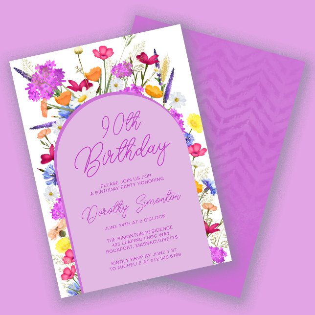 Purple Wildflower Boho Arch 90th Birthday Party Invitation (Creator Uploaded)