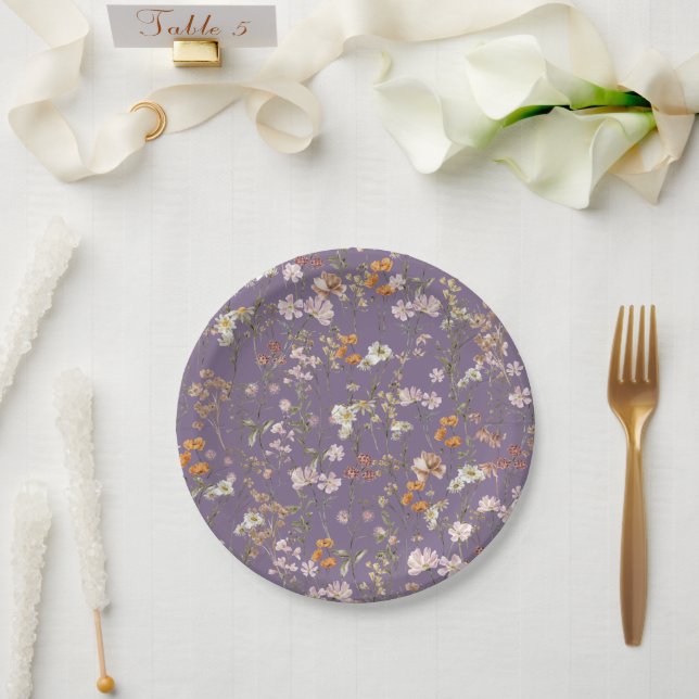 Purple Wildflower Boho Wedding In Bloom Garden Paper Plates (Wedding)