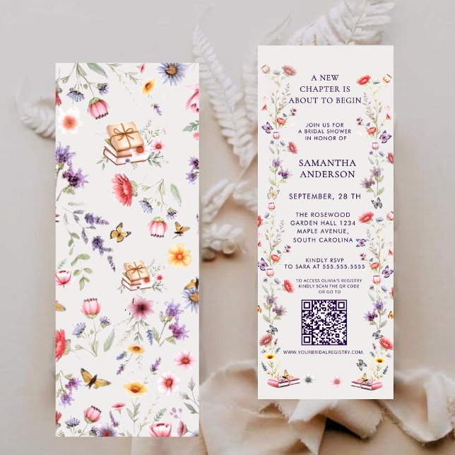 Purple Wildflower Book Theme QR Bridal Shower  Bookmarks (Book theme QR bridal shower bookmark invitation with purple wildflowers and storybook charm.)