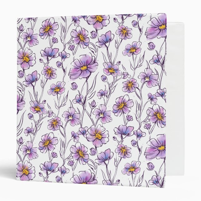 Purple Wildflower Botanical Pattern Design 3 Ring Binder (Front/Inside)