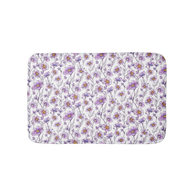 Purple Wildflower Botanical Pattern Design Bath Mat (Front)