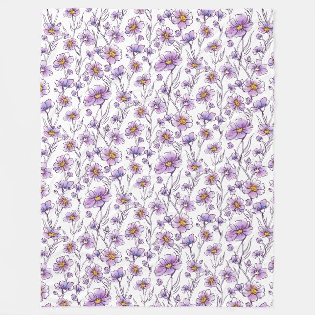 Purple Wildflower Botanical Pattern Design Fleece Blanket (Front)