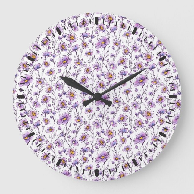 Purple Wildflower Botanical Pattern Design Large Clock (Front)