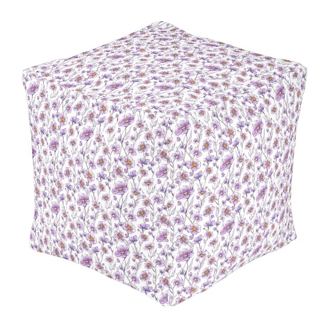 Purple Wildflower Botanical Pattern Design Pouf (Angled Front)