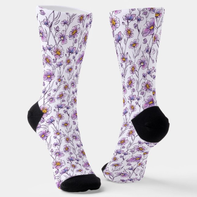 Purple Wildflower Botanical Pattern Design Socks (Angled)