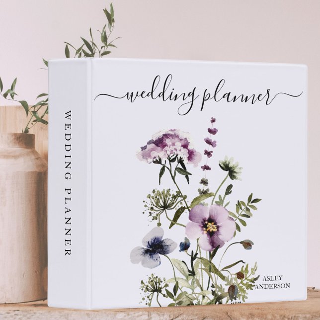 Purple Wildflower Bouquet Watercolor Floral  3 Ring Binder (Close up)