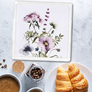 Purple Wildflower Bouquet Watercolor Floral Acrylic Tray