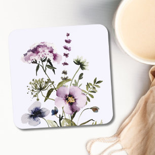Purple Wildflower Bouquet Watercolor Floral Beverage Coaster