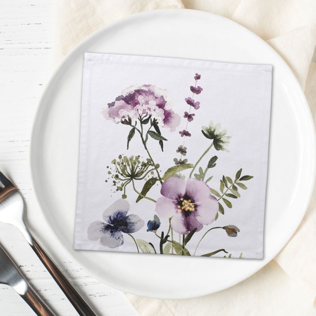 Purple Wildflower Bouquet Watercolor Floral Cloth Napkin (In situ)
