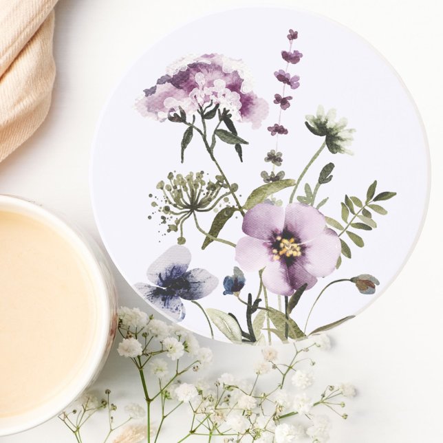 Purple Wildflower Bouquet Watercolor Floral Coaster (In situ)