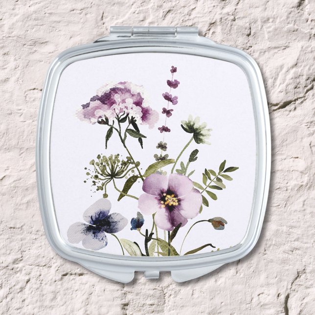 Purple Wildflower Bouquet Watercolor Floral Compact Mirror (In situ)