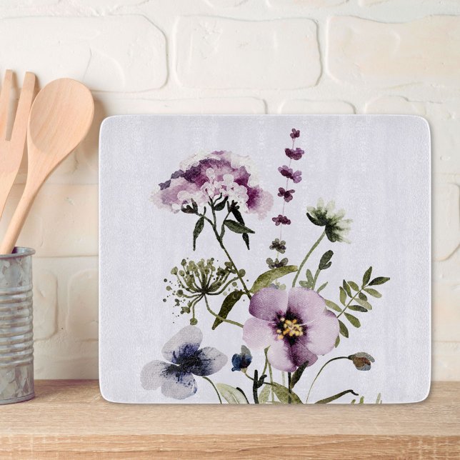 Purple Wildflower Bouquet Watercolor Floral Cutting Board (In situ)