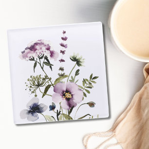 Purple Wildflower Bouquet Watercolor Floral Glass Coaster