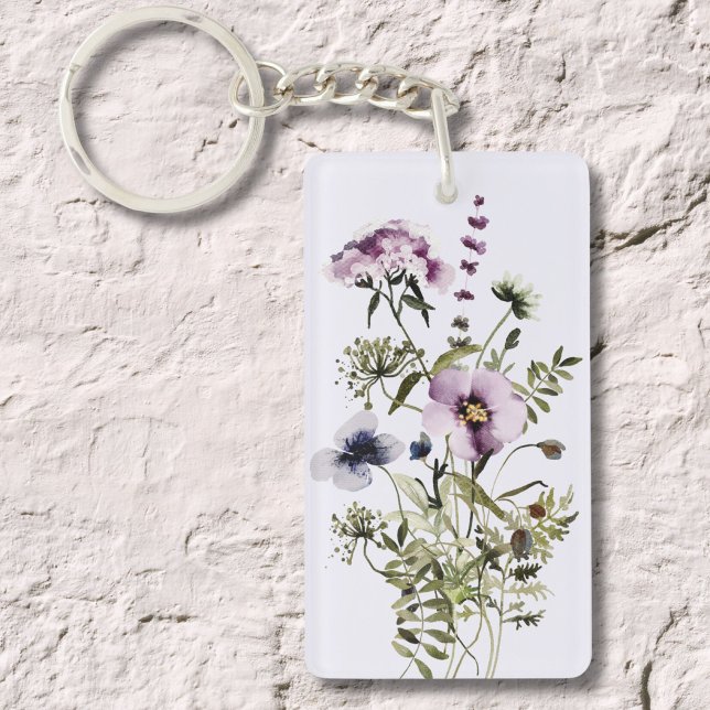 Purple Wildflower Bouquet Watercolor Floral Keychain (In situ)